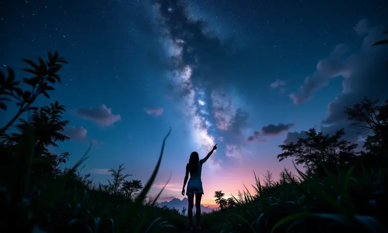 Mulher brasileira admirando o céu estrelado na Amazônia, navegando pelas estrelas.
