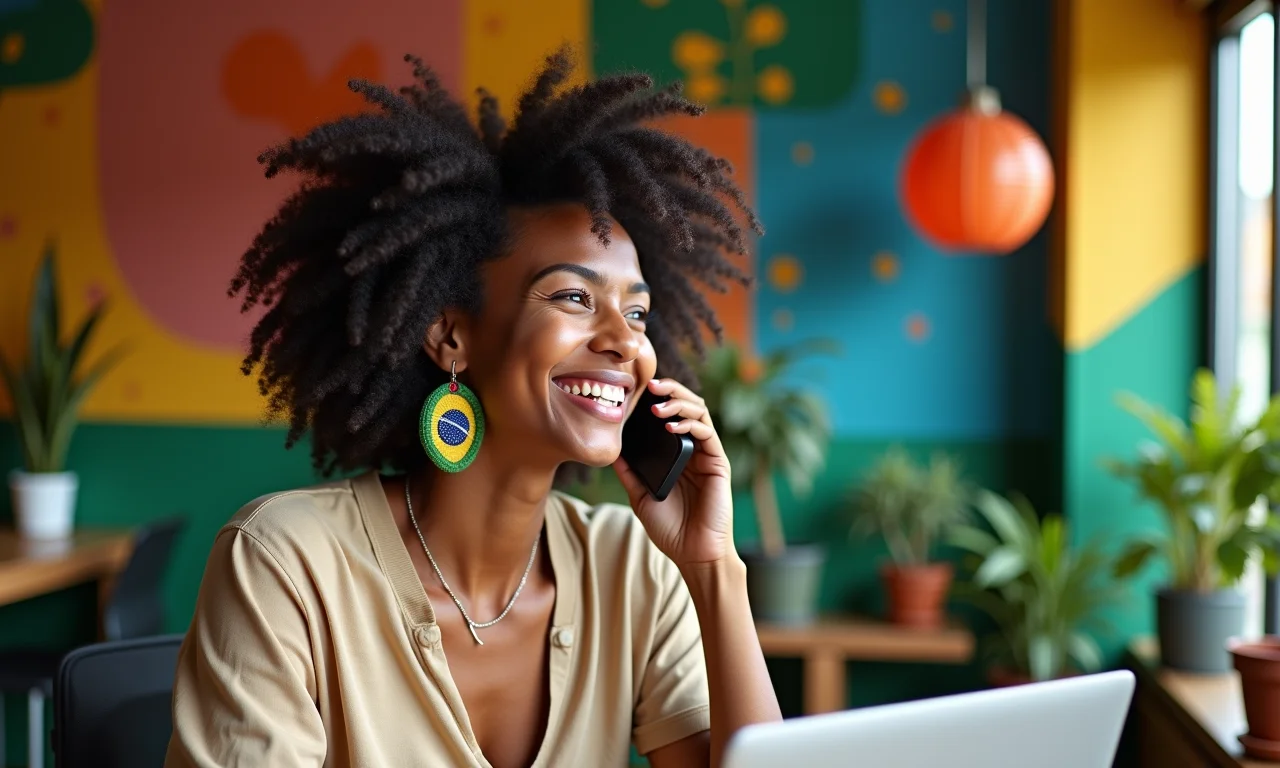 Mulher brasileira com brincos de Gêmeos rindo ao falar em dois telefones.