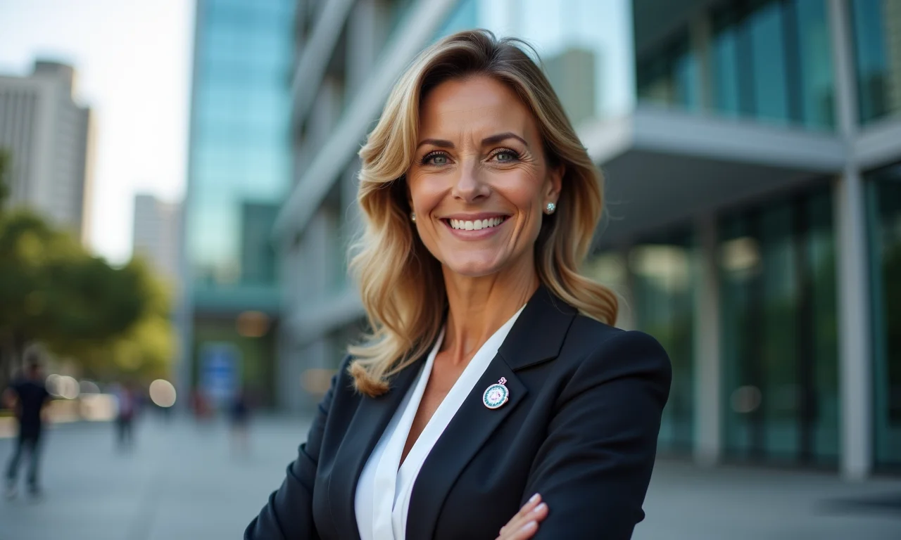 Mulher brasileira com broche de Capricórnio em frente a prédio comercial.