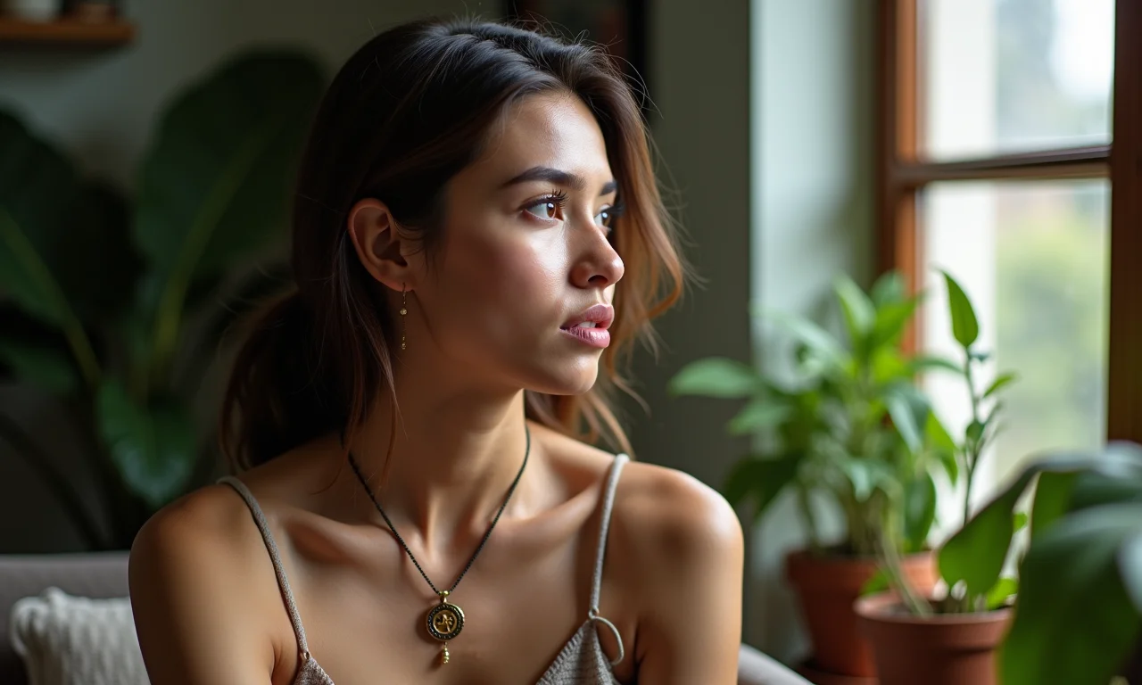 Mulher brasileira com colar de Aquário olhando pensativa pela janela.