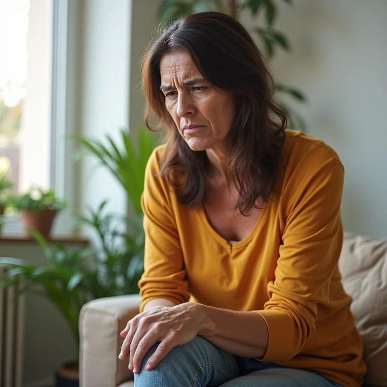 Mulher brasileira com dor nas articulações do joelho, uma possível sequela da dengue.