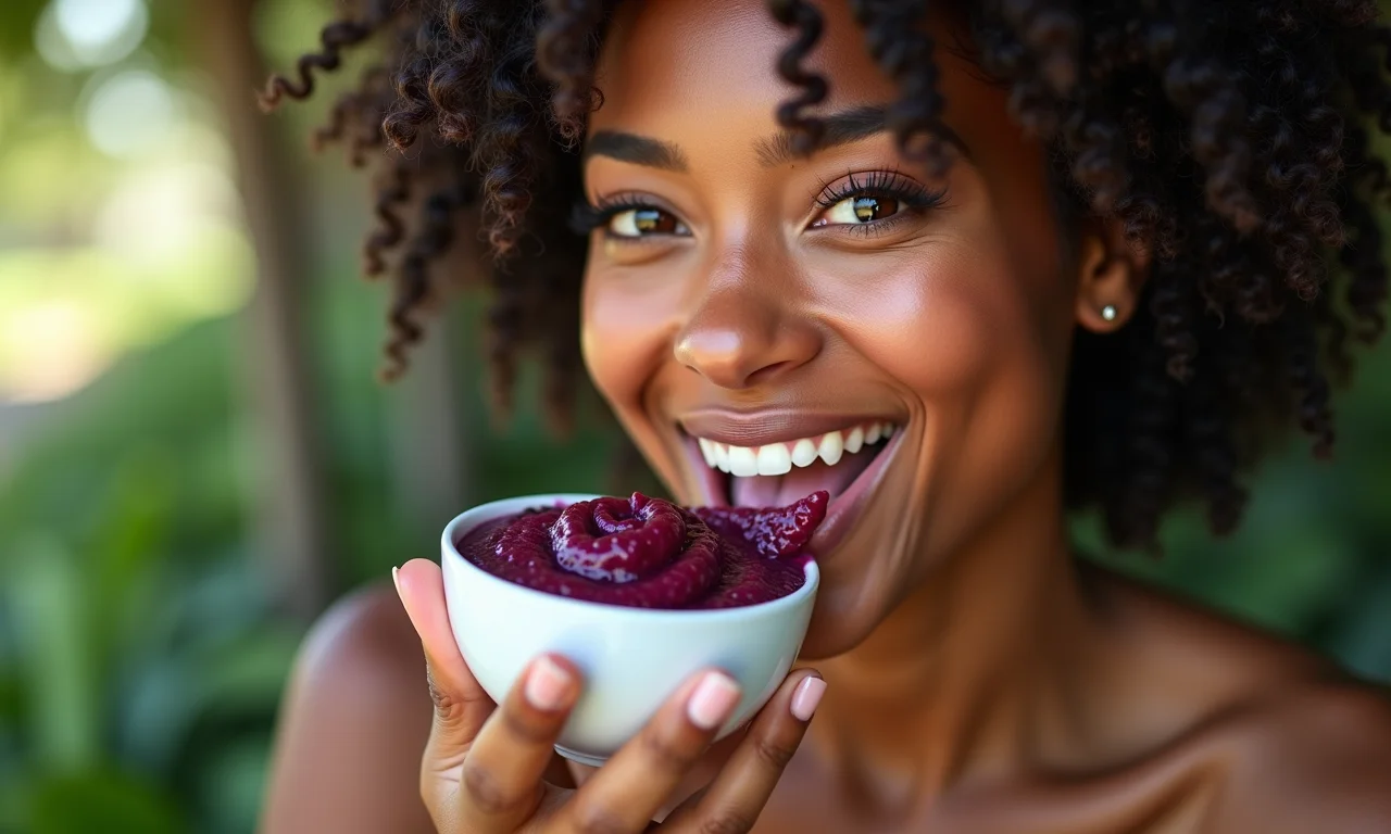Mulher brasileira com pele radiante comendo açaí.