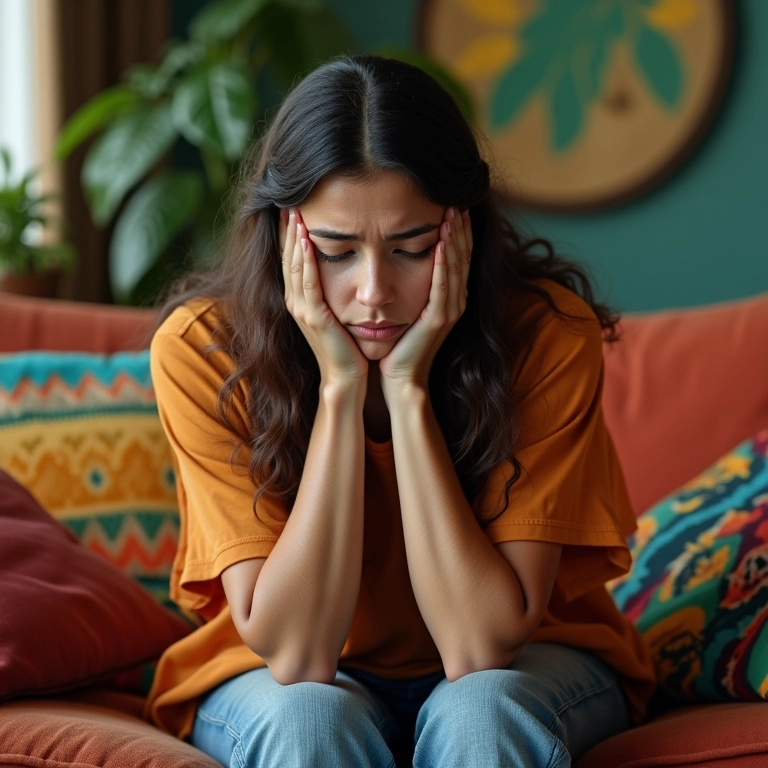 Mulher brasileira exausta sentada no sofá, refletindo o cansaço excessivo causado pela dengue.