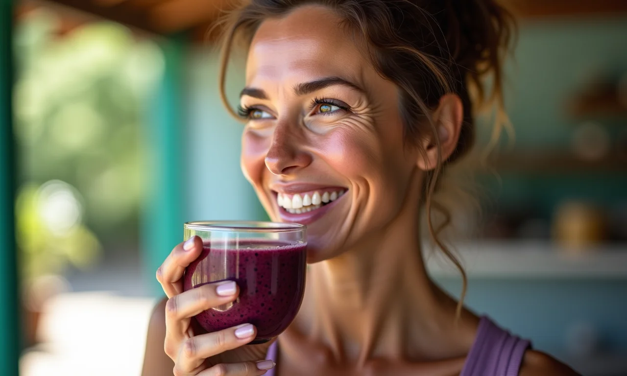 Mulher brasileira sorrindo enquanto saboreia açaí.