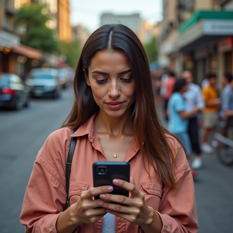 Mulher brasileira usando app de tradução e correção gramatical no celular em rua do Rio.