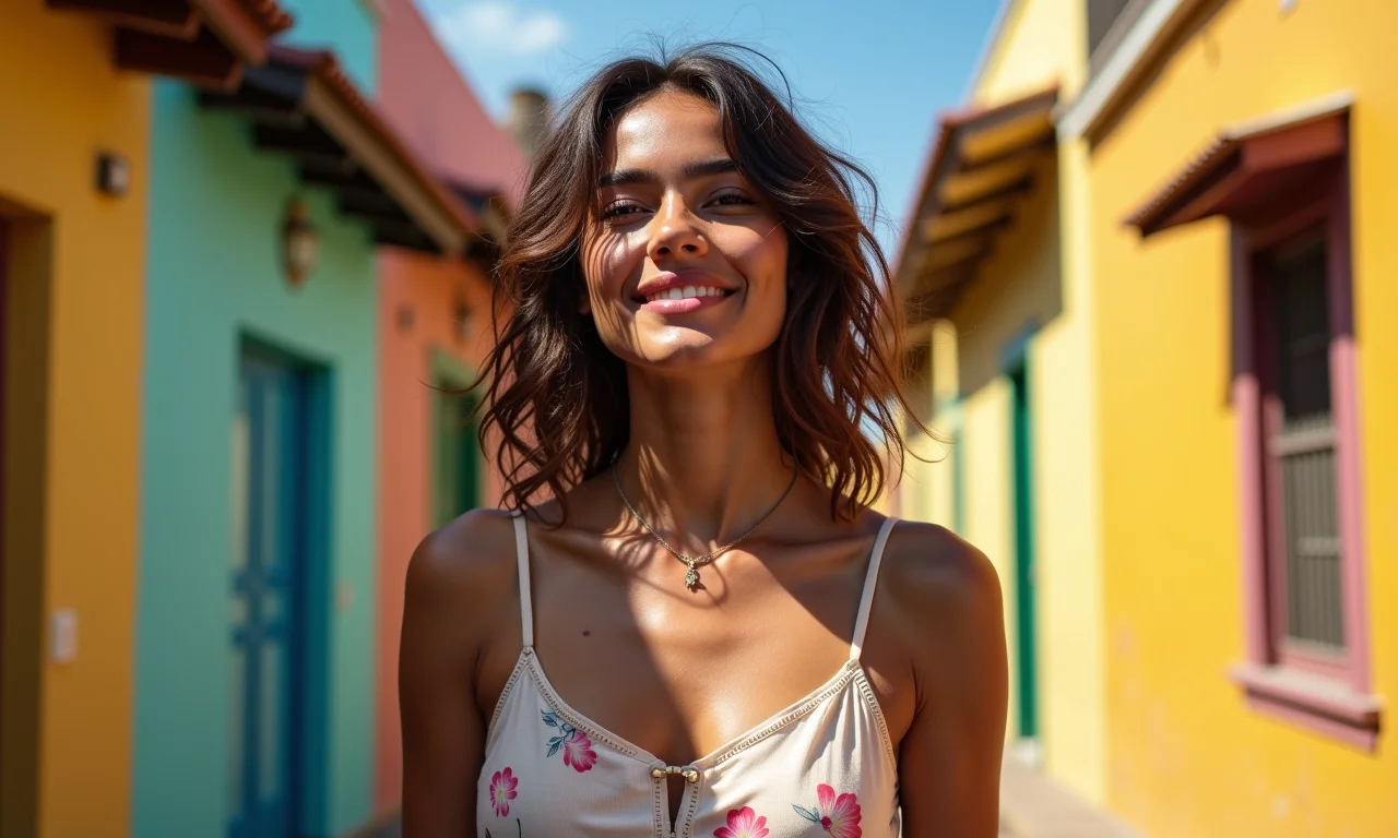Mulher brasileira vestindo roupas leves e coloridas, mostrando influência do clima no vestuário.