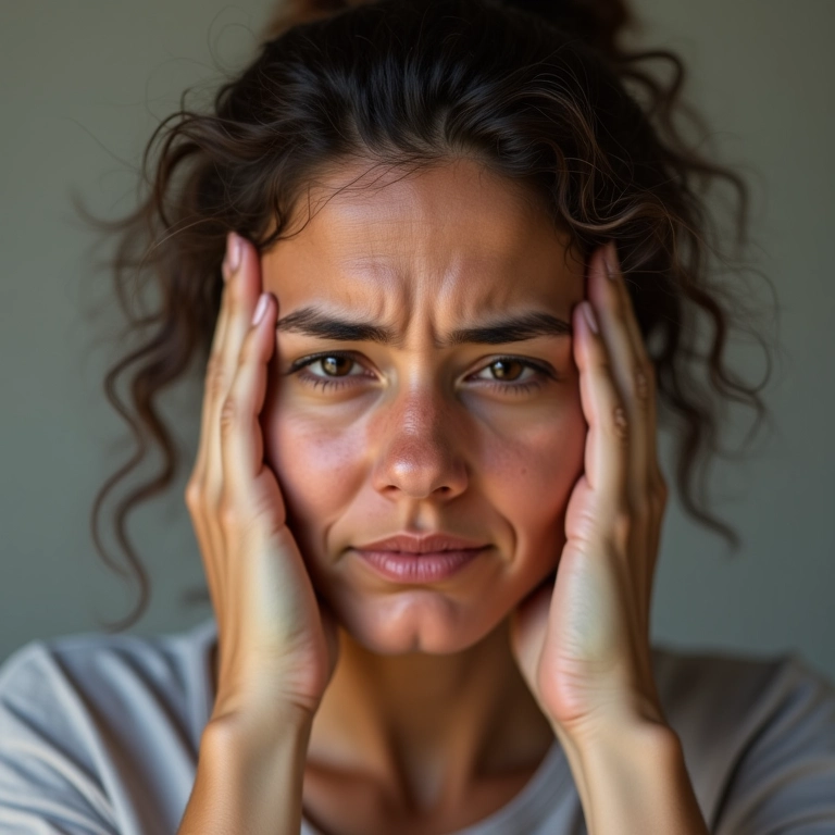 Mulher com dor de cabeça sinusal, segurando o rosto perto do nariz.