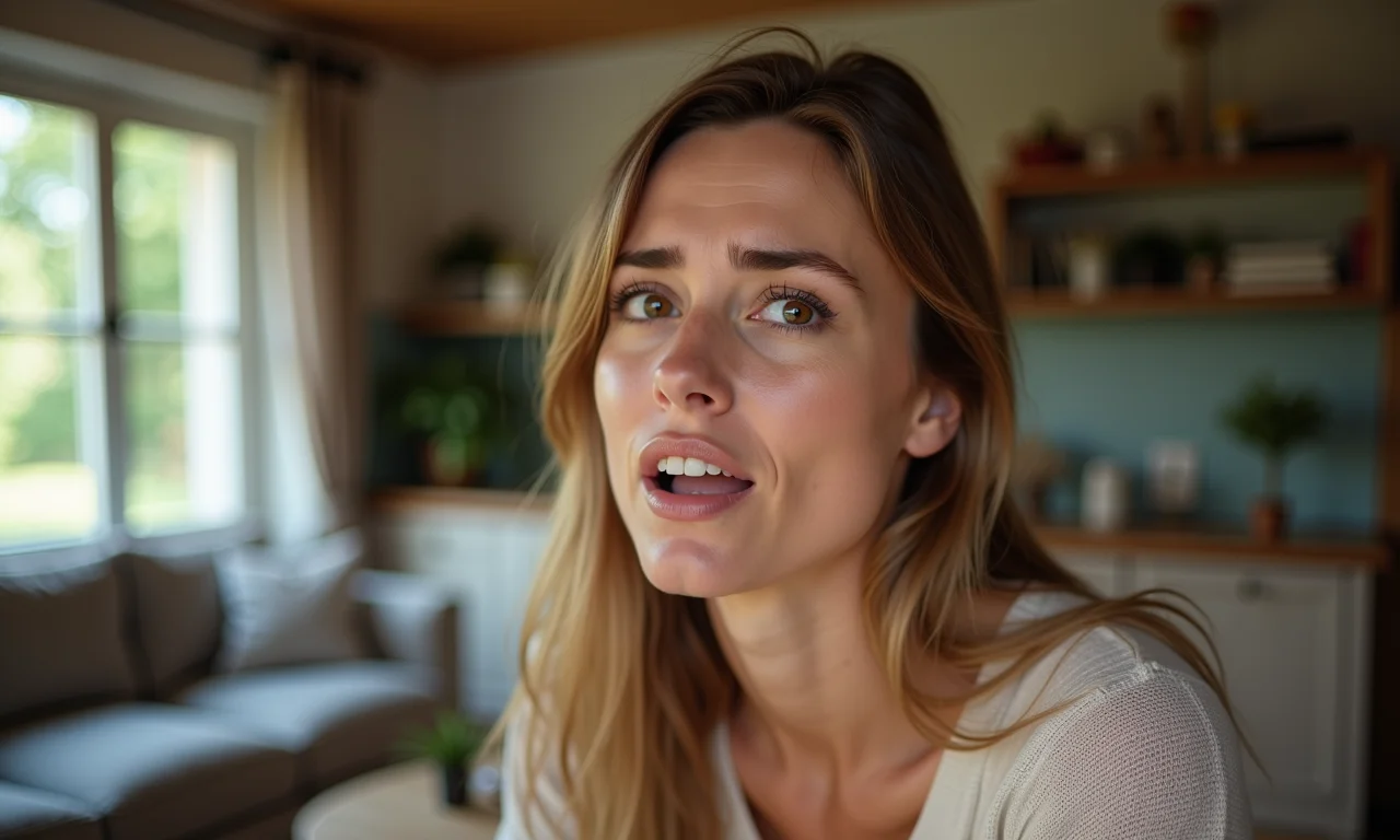 Mulher com gagueira em ambiente doméstico e aconchegante.