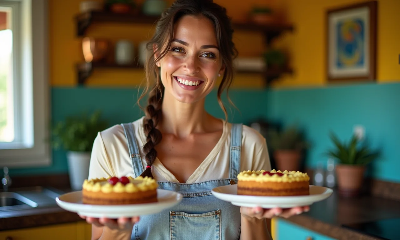 Mulher comparando dois bolos do mesmo tamanho em cozinha colorida.