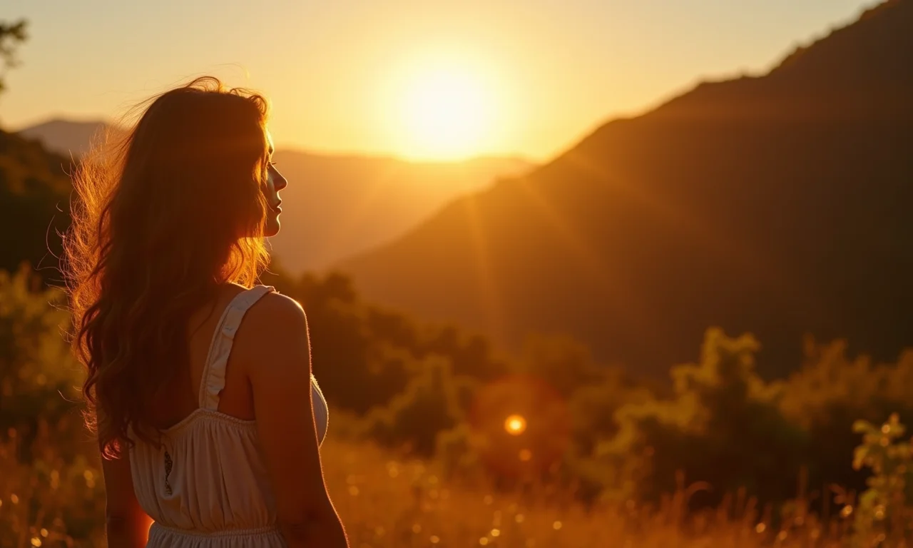 Mulher contemplativa em paisagem brasileira ensolarada, com escritura dourada representando Isaías 11:2.