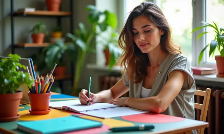 Mulher criando fichamento para trabalhos acadêmicos em ambiente de estudo vibrante e organizado.