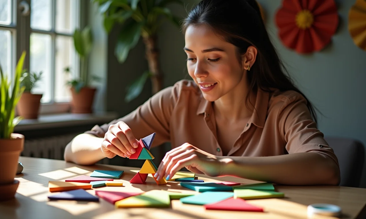 Mulher criando figura com Tangram.