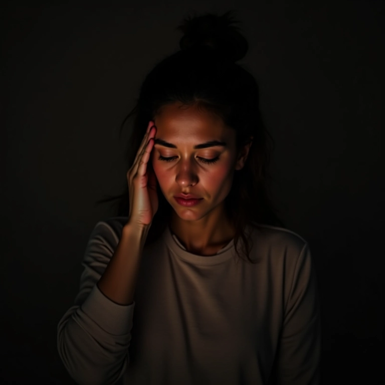 Mulher de 30 anos com enxaqueca, sensível à luz em quarto escuro.