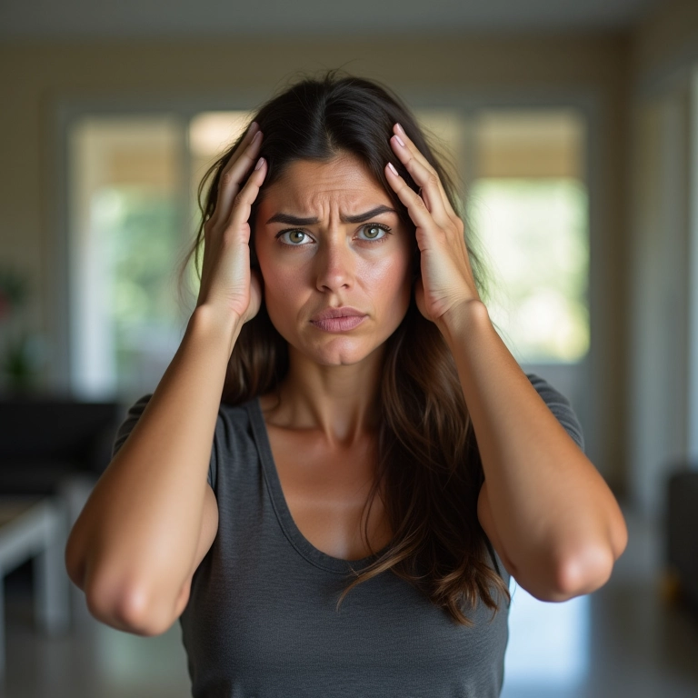 Mulher de 40 anos preocupada com dor de cabeça em casa brasileira.
