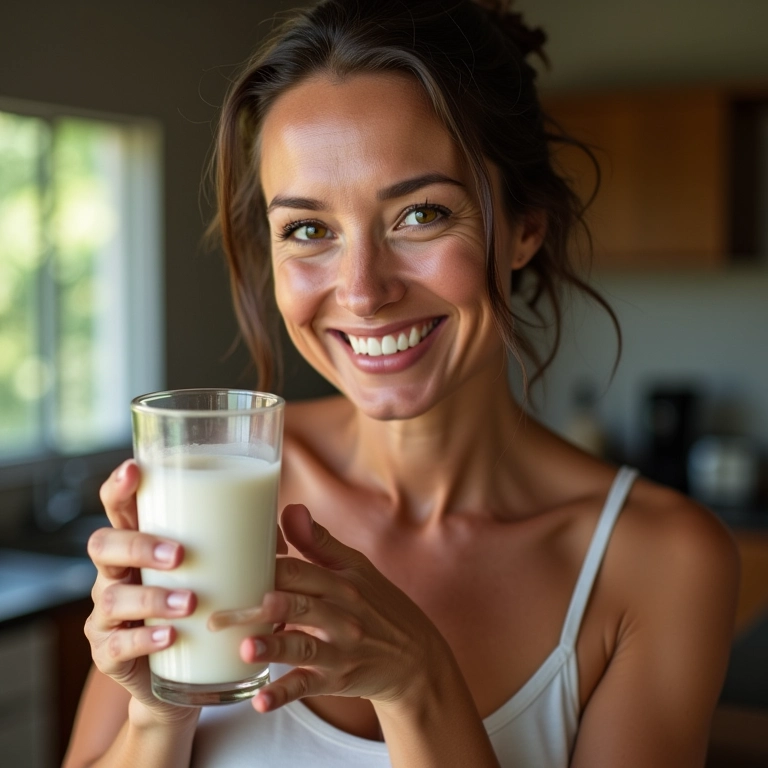 Mulher de meia-idade com pele radiante tomando leite, fonte de Riboflavina (B2).