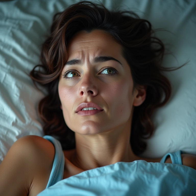 Mulher de meia-idade deitada na cama com expressão de preocupação, sofrendo com os sintomas da dengue.