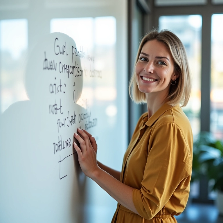 Mulher de meia-idade estruturando uma resenha passo a passo em um quadro branco.