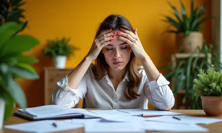Mulher de meia-idade, sobrecarregada no trabalho, sentindo os sintomas da Síndrome de Burnout em um escritório vibrante.