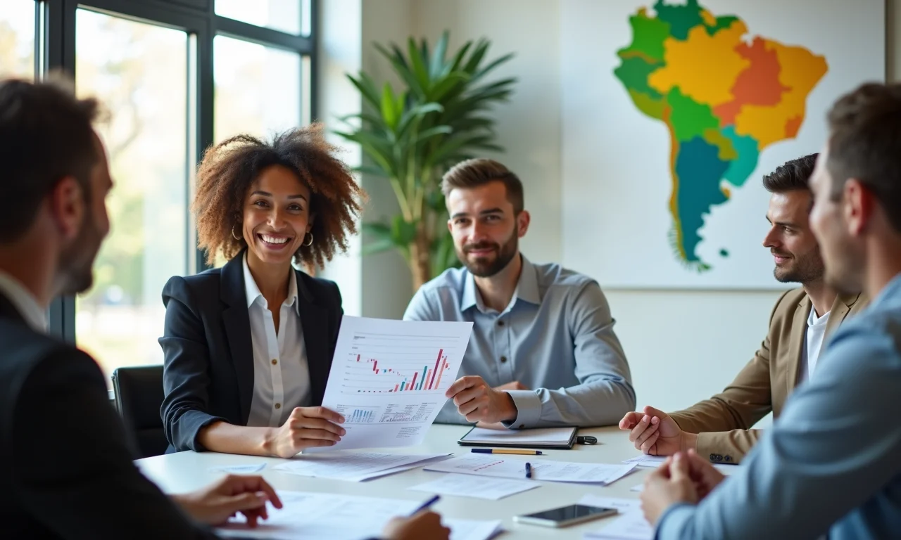 Mulher de negócios explicando gráfico financeiro em inglês durante reunião.