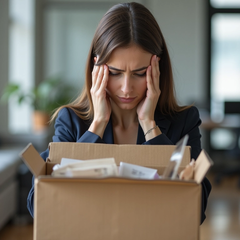 Mulher demitida empacotando seus pertences no escritório.