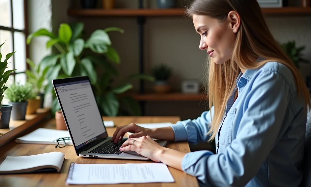 Mulher digitando conclusão impactante de redação em inglês.