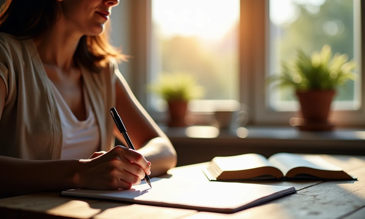 Mulher escrevendo em um diário com a Bíblia ao lado, representando a confissão e reflexão.