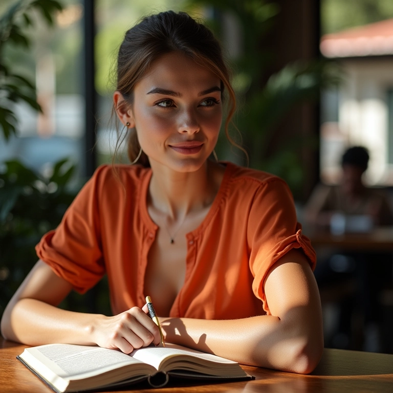 Mulher estudando radicais gregos em um café brasileiro vibrante e iluminado.
