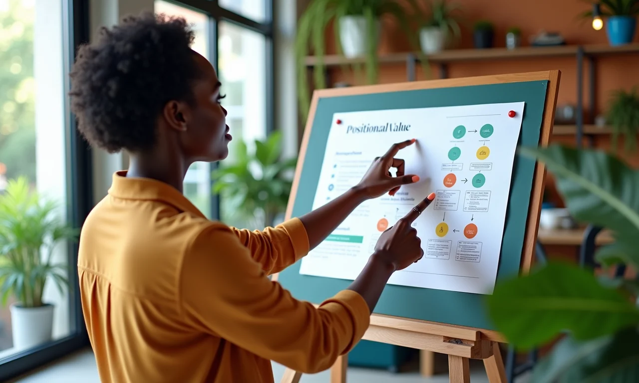 Mulher explicando o valor posicional em um diagrama, em um escritório vibrante e colorido com design brasileiro.