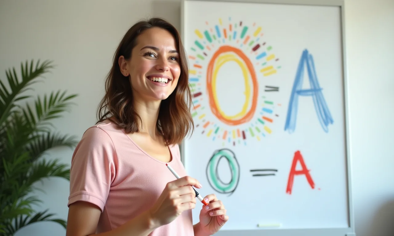 Mulher explicando quando usar 'O' e 'A' em um quadro branco.