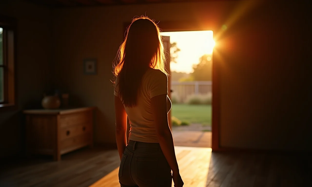 Mulher hesitante à porta, com medo do desconhecido.