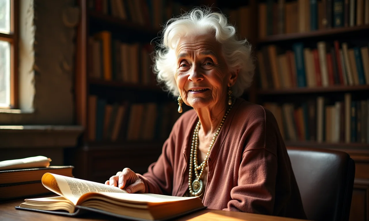Mulher idosa brasileira personificando a sabedoria, cercada por livros e pergaminhos antigos.