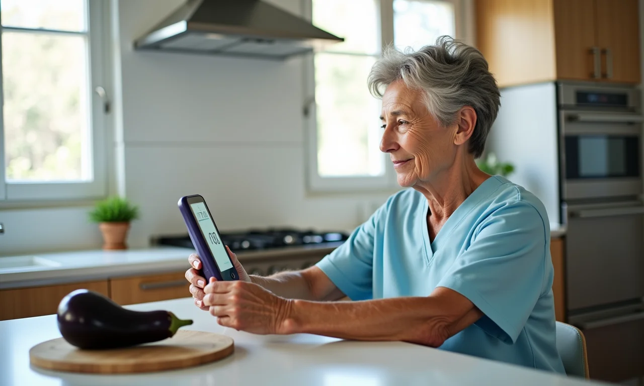 Mulher idosa medindo glicemia com beringela ao fundo.