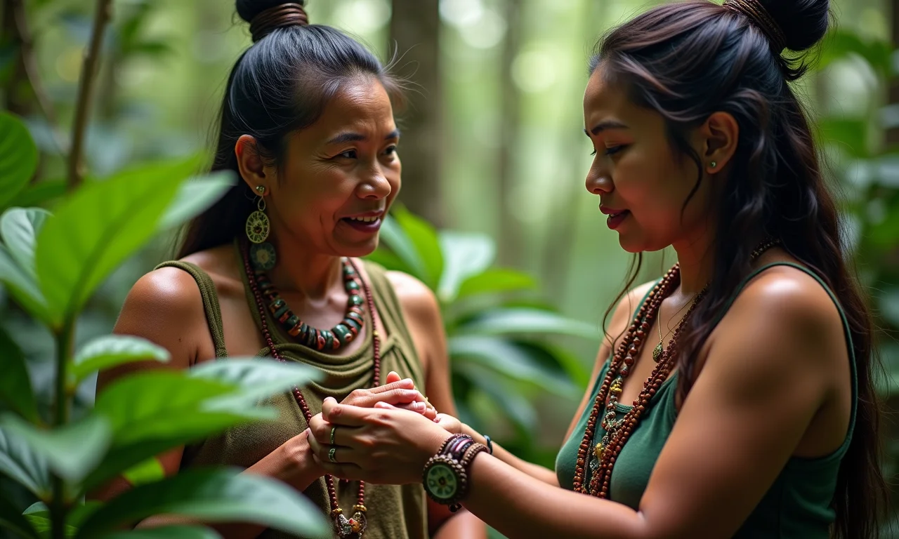 Mulher indígena ensinando sobre plantas medicinais na Amazônia.