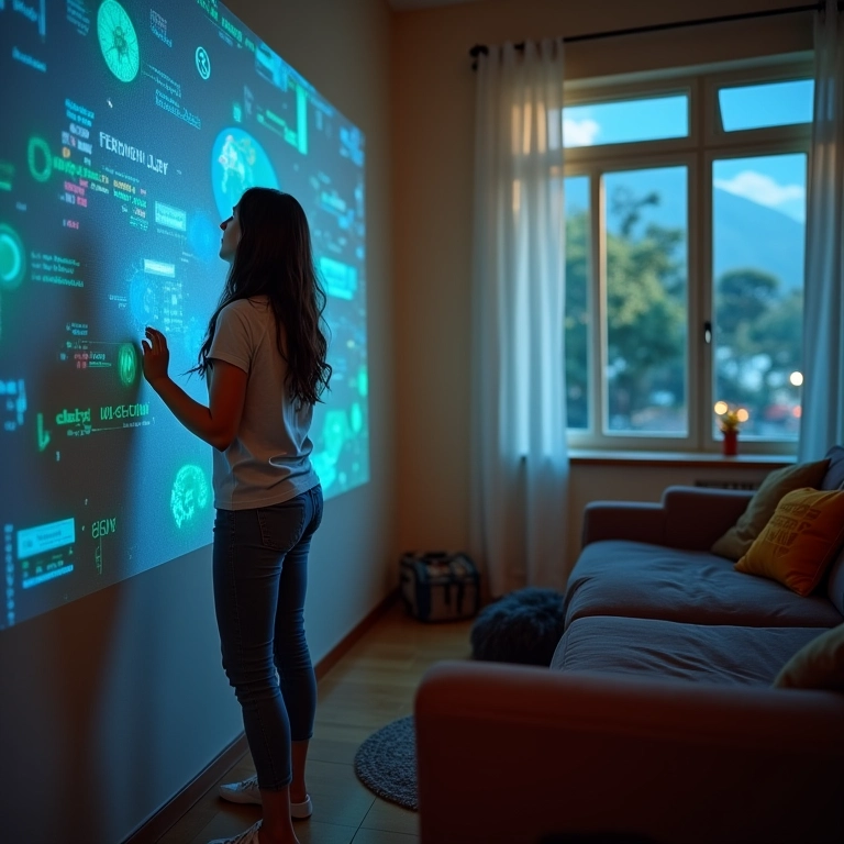 Mulher jogando jogos interativos com projeção de data show na parede.