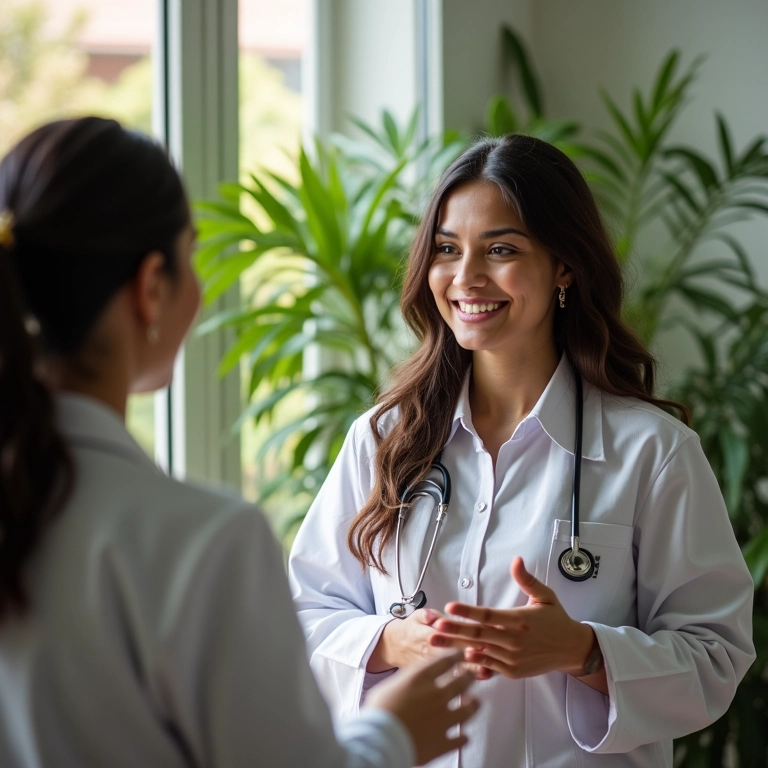 Mulher jovem conversa com médico sobre exames pré-gravidez em consultório iluminado.