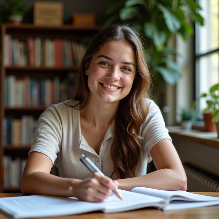 Mulher jovem organizando anotações para um resumo eficiente em uma mesa aconchegante.