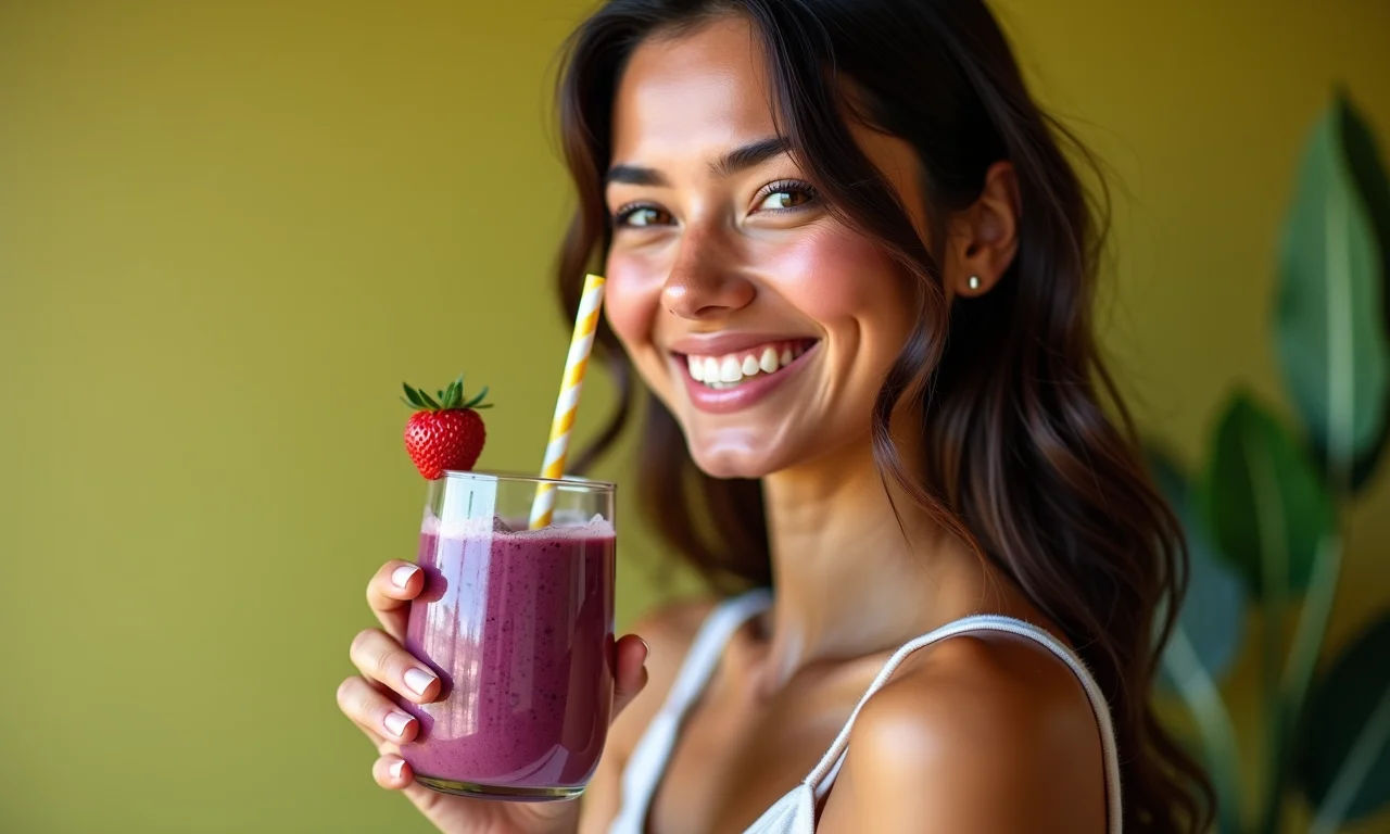 Mulher jovem segurando smoothie de açaí, reforço imunológico.