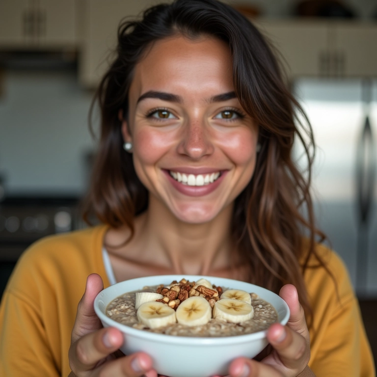 Mulher jovem sorrindo enquanto come aveia com banana e nozes, rica em Tiamina (B1).