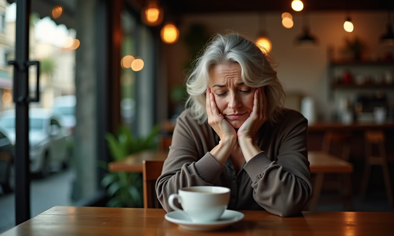 Mulher lamentando erros passados em café brasileiro