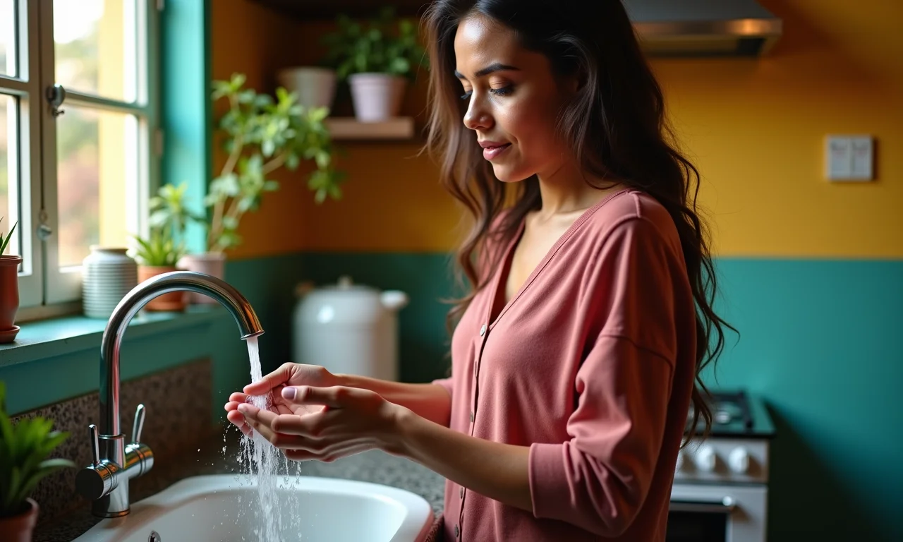Mulher lava as mãos em cozinha colorida, prevenindo Hepatite A.