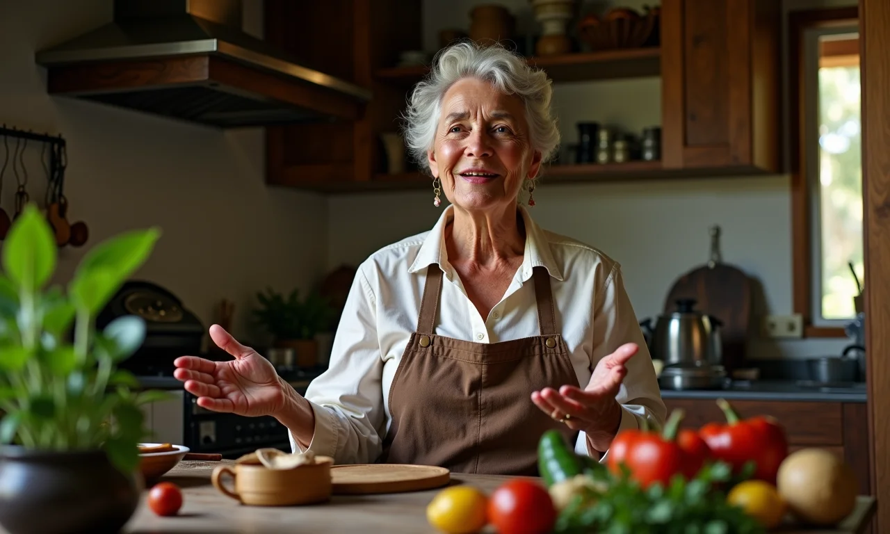 Mulher mais velha contando história na cozinha cercada de ingredientes tradicionais.