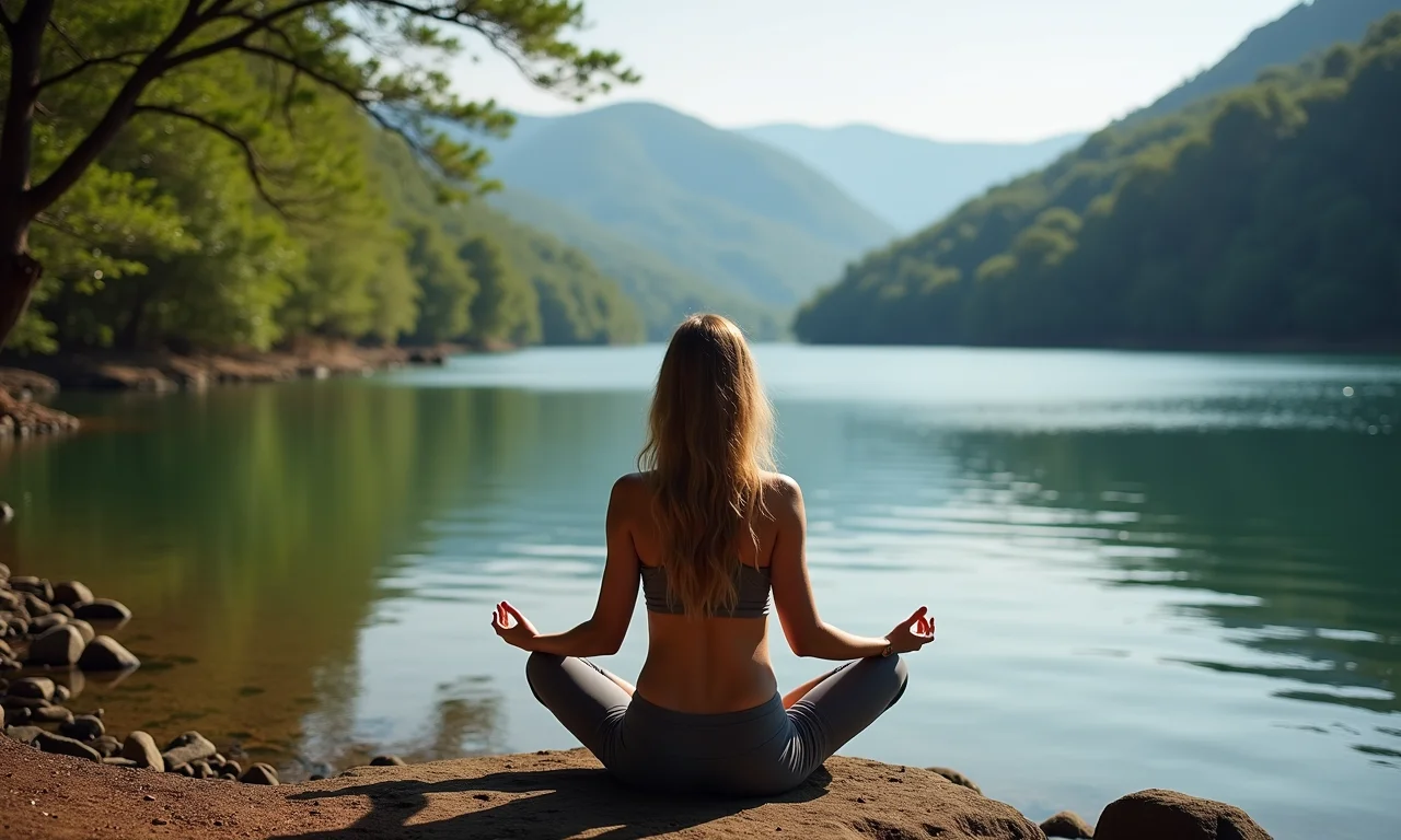 Mulher medita à beira de um lago sereno no Brasil, encontrando paz interior.