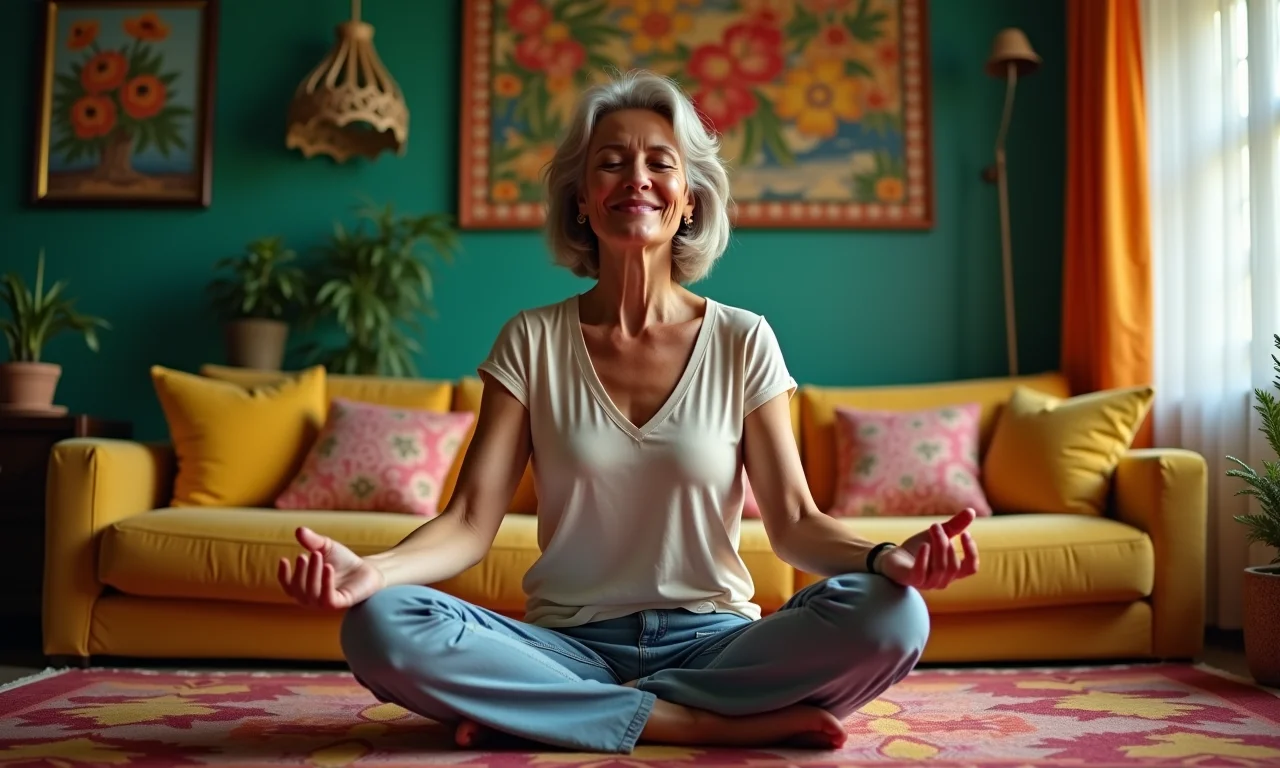 Mulher meditando em um quarto colorido, sonhando com um futuro positivo.
