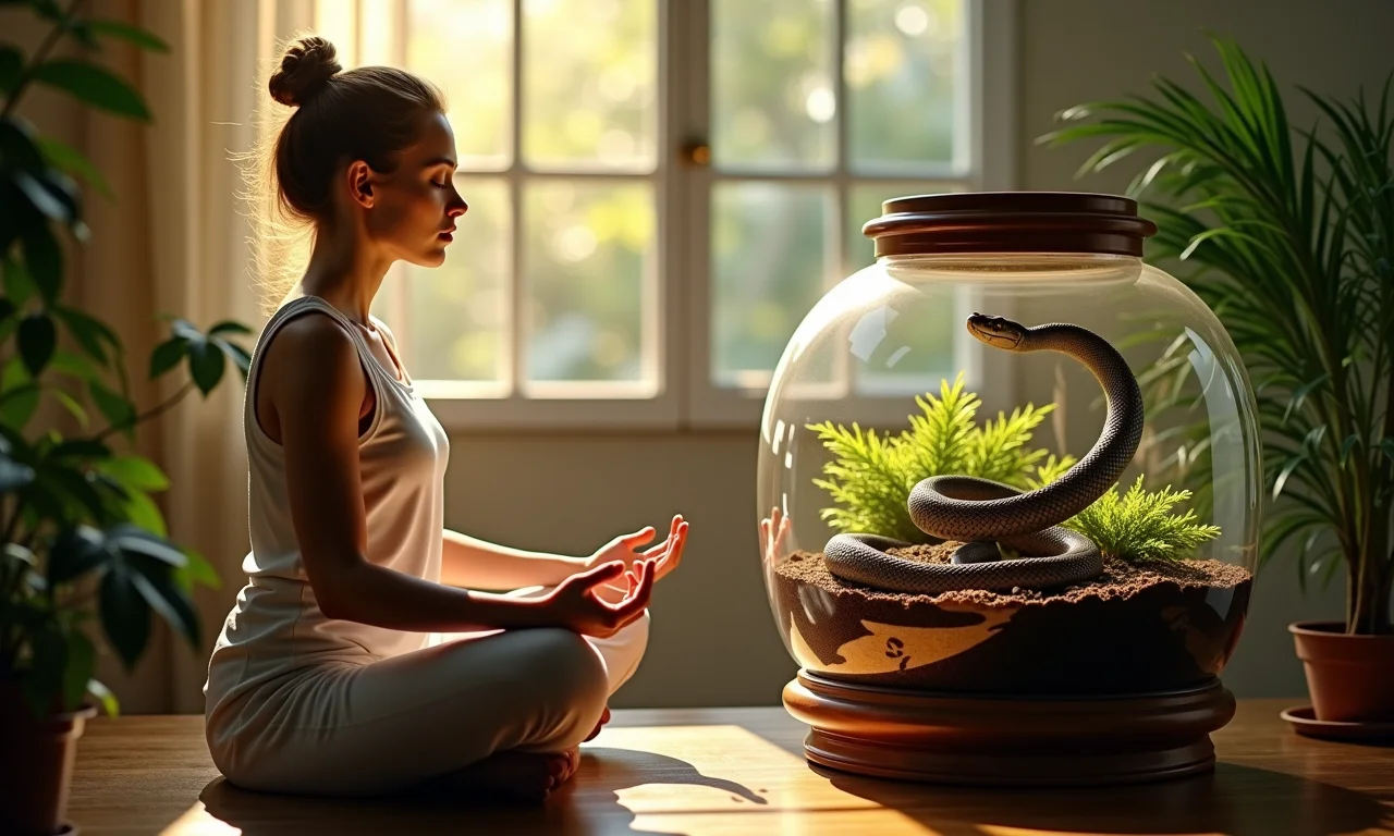 Mulher meditando perto de um terrário com uma cobra trocando de pele.