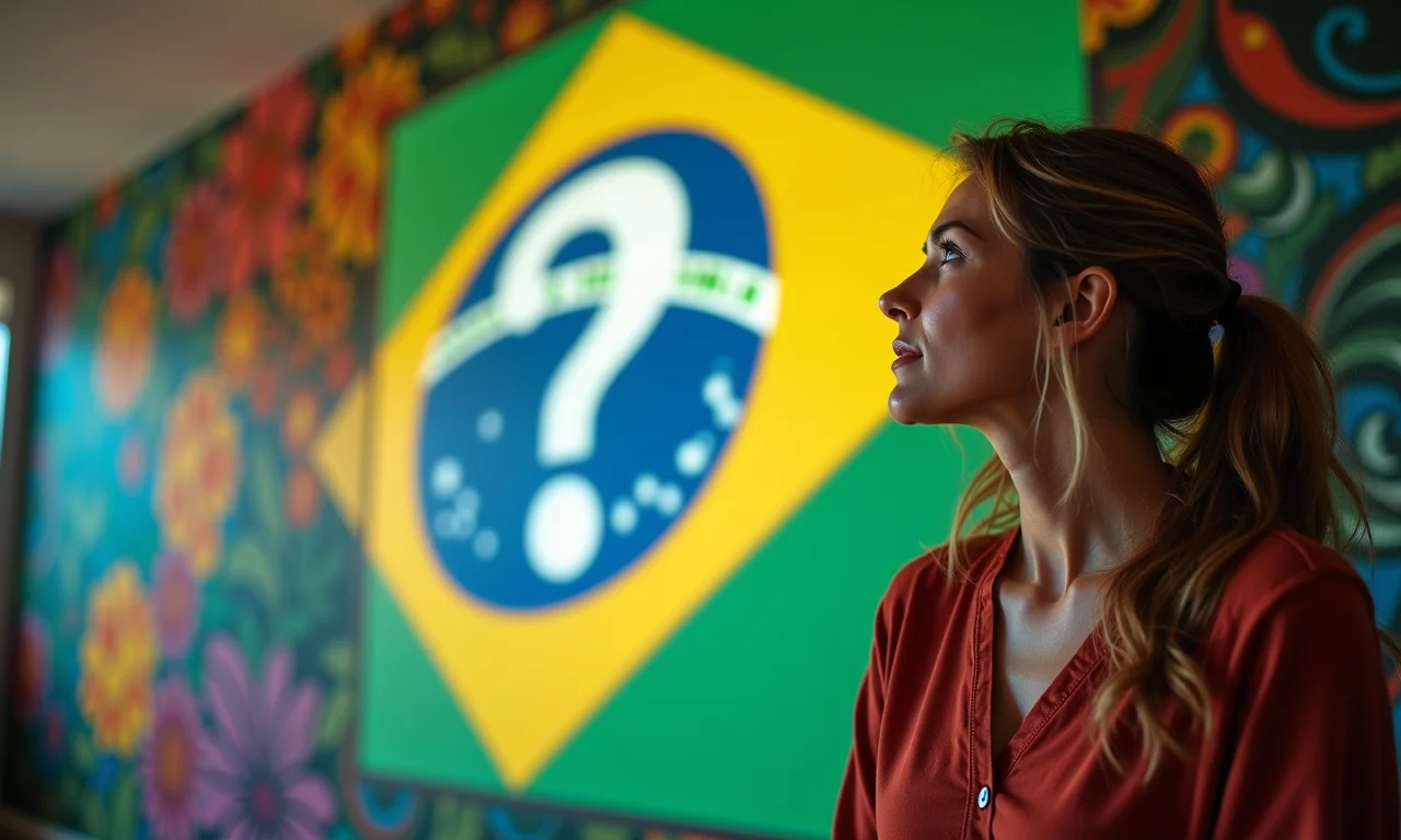 Mulher negra de meia-idade contemplando um ponto de interrogação projetado em uma parede colorida.