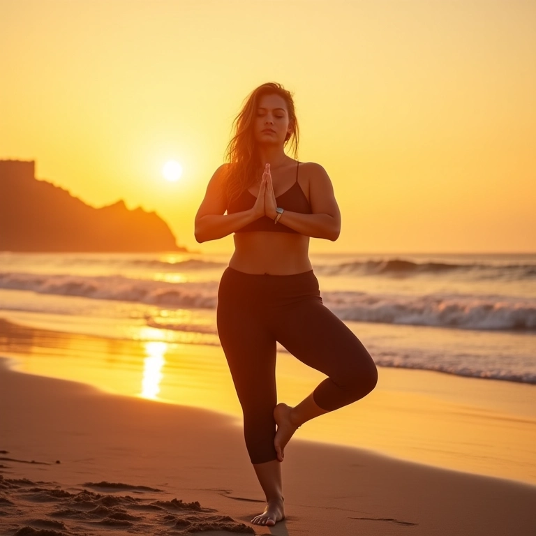 Mulher plus-size praticando yoga ao nascer do sol na praia de Ipanema, fonte de Ácido Pantotênico (B5).
