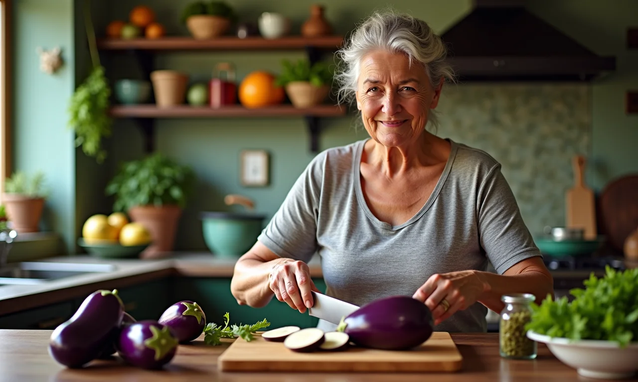 Mulher preparando beringela em tábua em formato de coração.