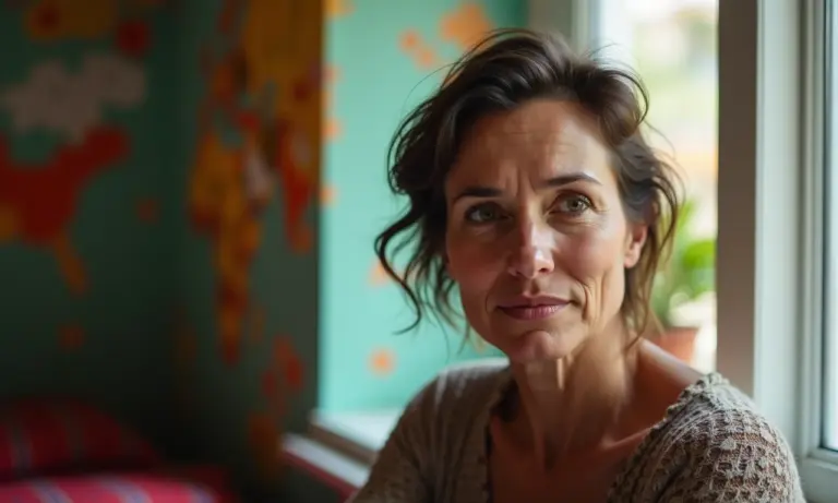 Mulher refletindo sobre o passado em apartamento vibrante