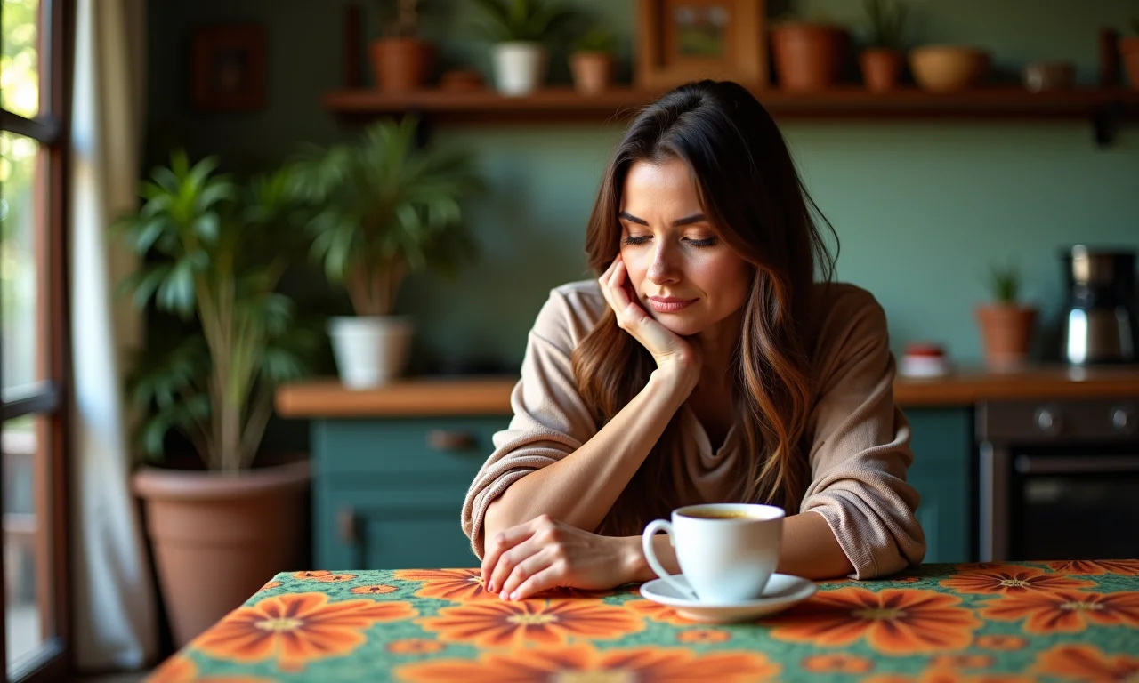 Mulher refletindo sobre um pequeno erro cotidiano, como café derramado.