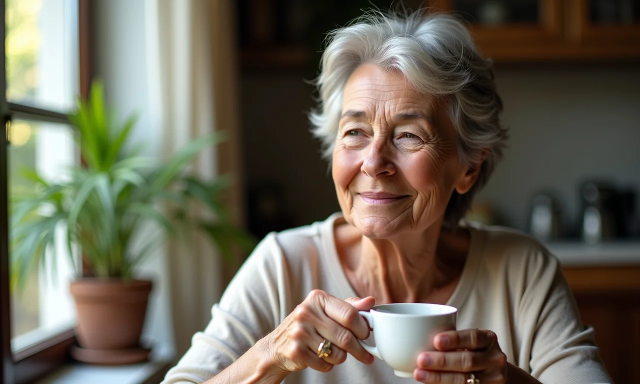 Mulher relaxando com chá de ervas para digestão.